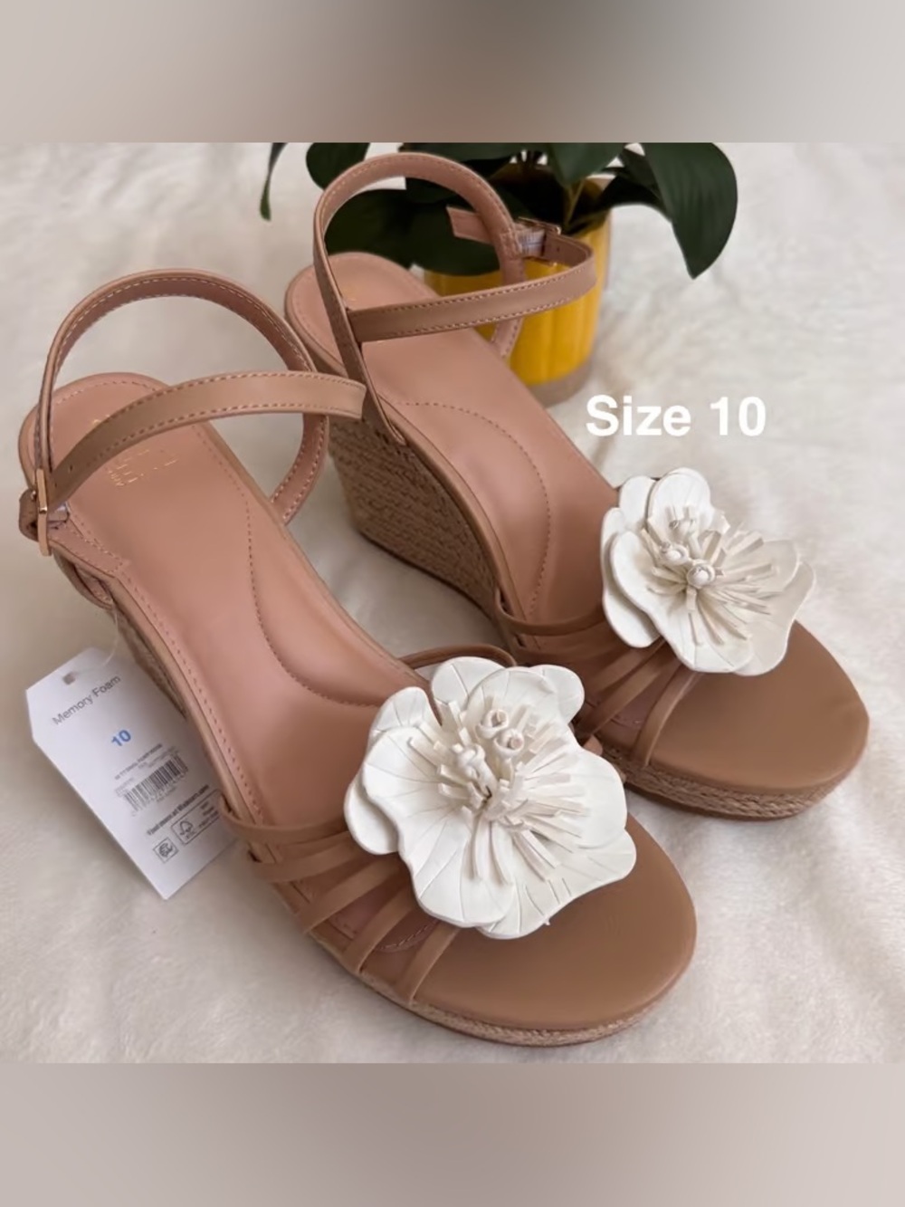 Time and Tru Tan Wedge Sandals with White Floral Accent